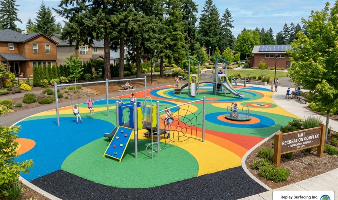 Seamless poured-in-place rubber installation in a Beaverton park - sustainable playground surfaces Beaverton