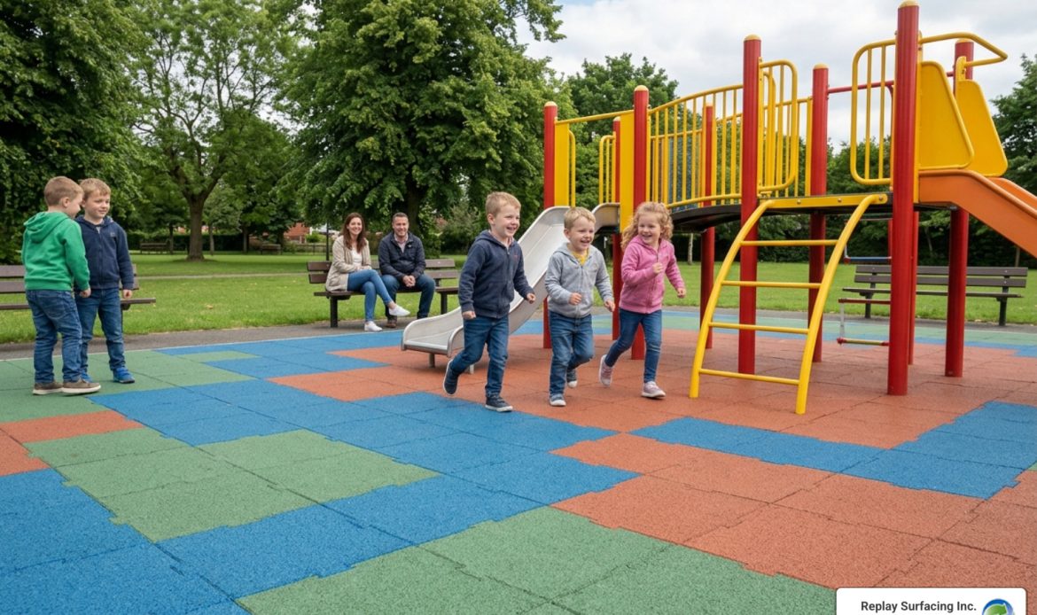 vibrant, multi-colored community playground in Charlotte - playground rubber floor